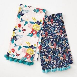 Paper Source Tea Towel Set Bundle Garden Floral Hummingbird Pom Poms Blue Teal